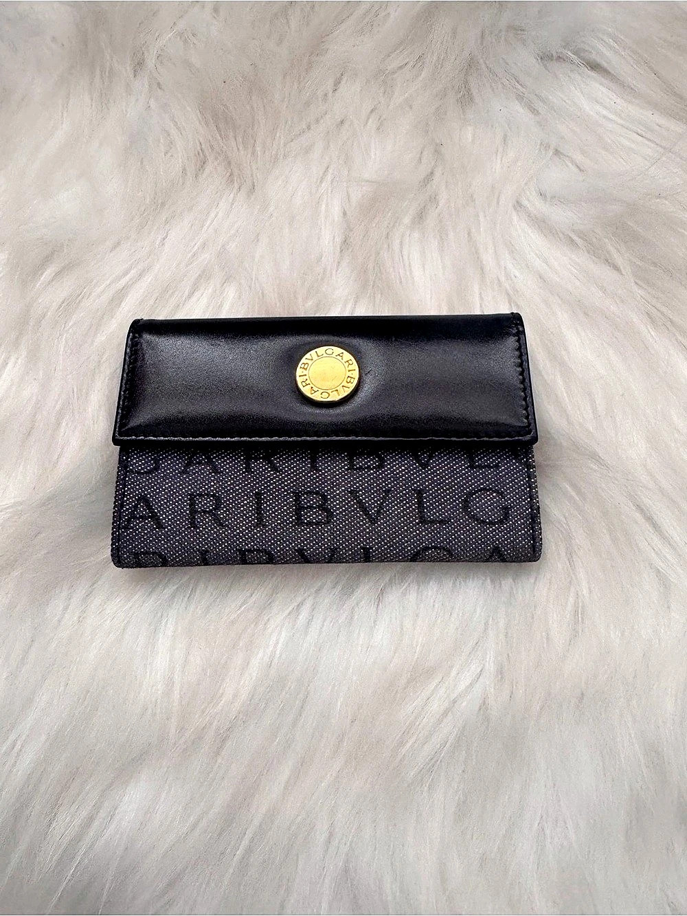 BVLGARI Monogram Card Holder in Canvas/Denim and Black Leather
